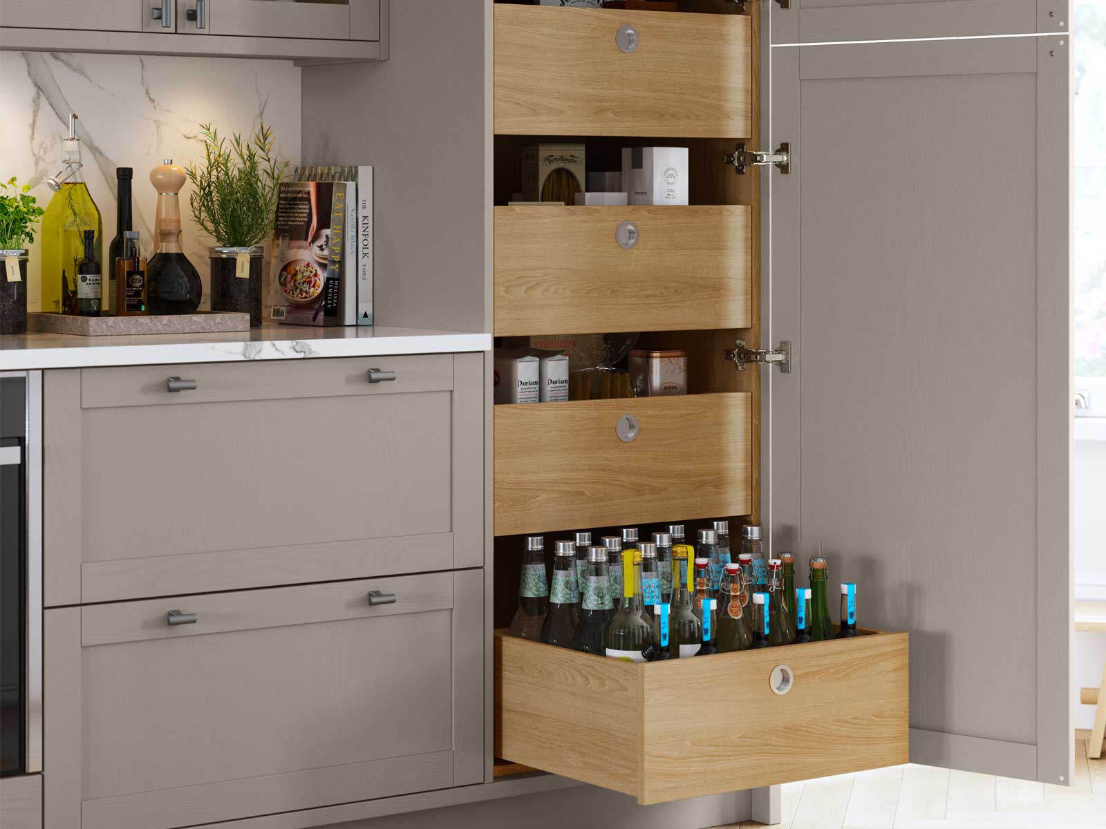 The larder cabinet with kitchen unit pull-out storage drawers