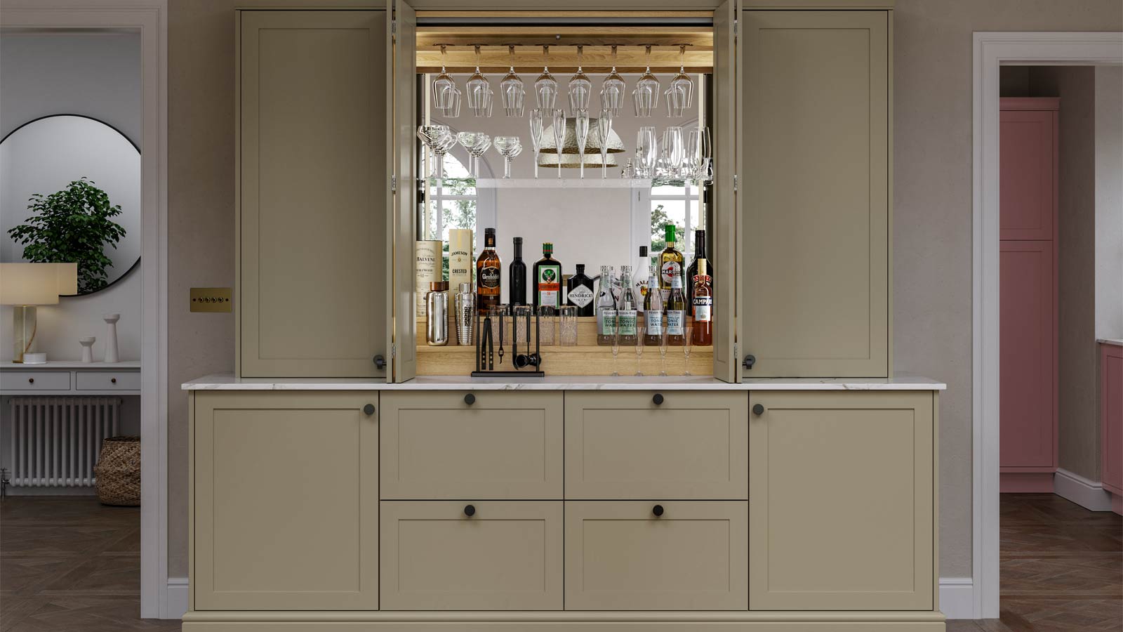A kitchen dresser unit with a hanging wine glass rack and a drinks shelf
