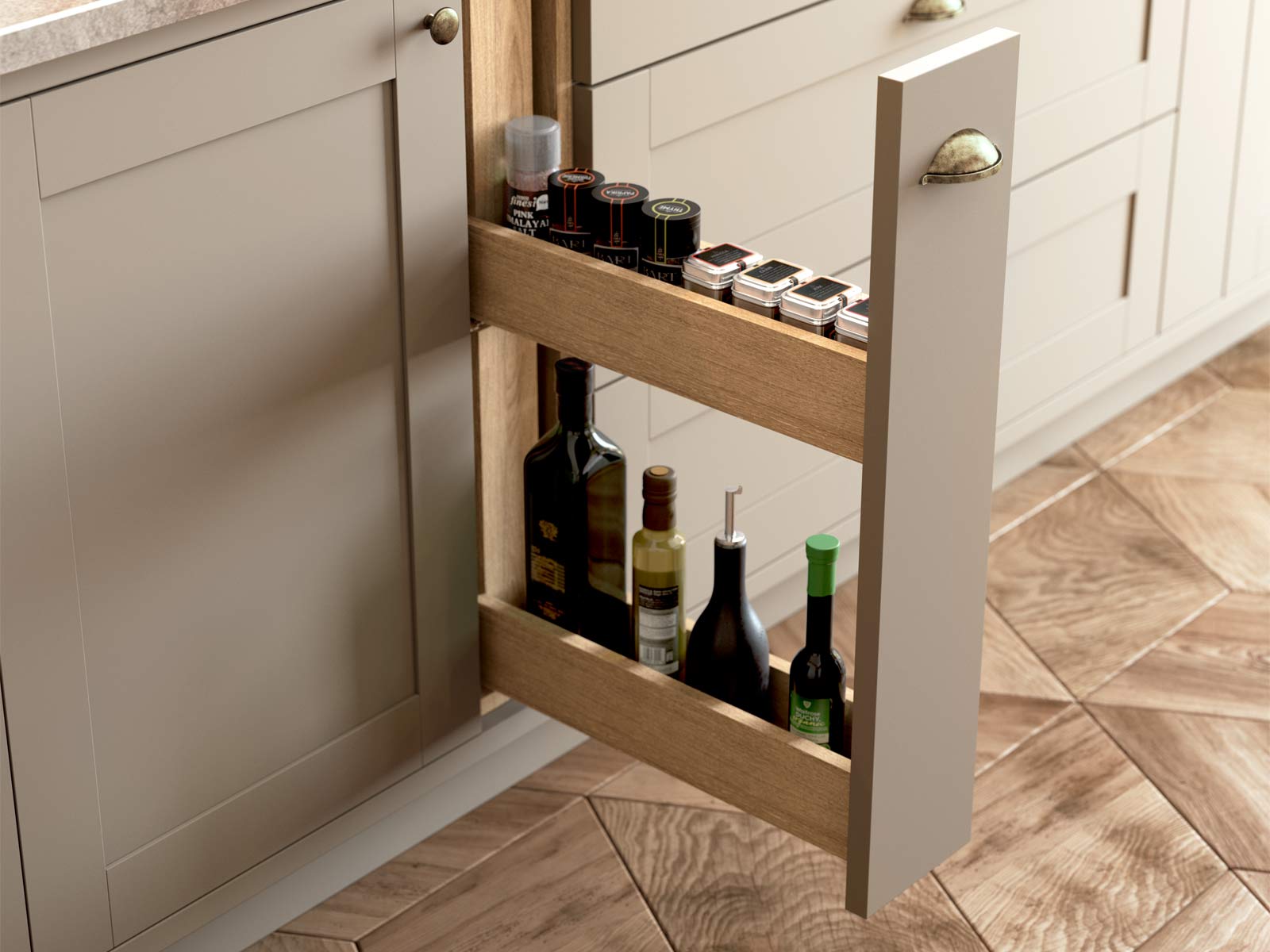 The larder – a kitchen unit pull-out storage system full of oils and spices
