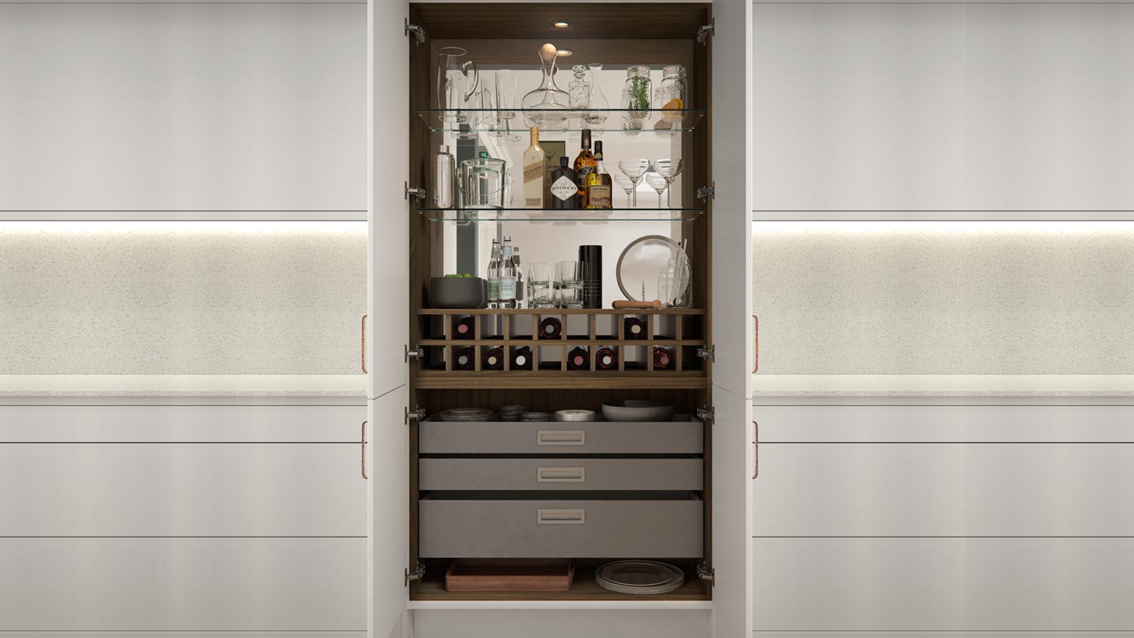 Cocktail cabinet with drink bottle storage and a shelf for wine bottles