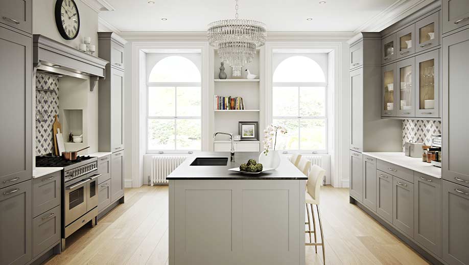 Grey shaker kitchen with kitchen mantle featuring kitchen island