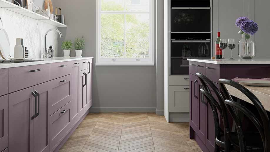 Purple shaker kitchen with wood grained finish