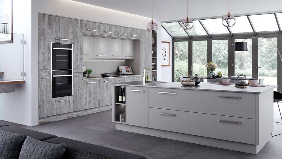 Modern kitchen with grey textured finish