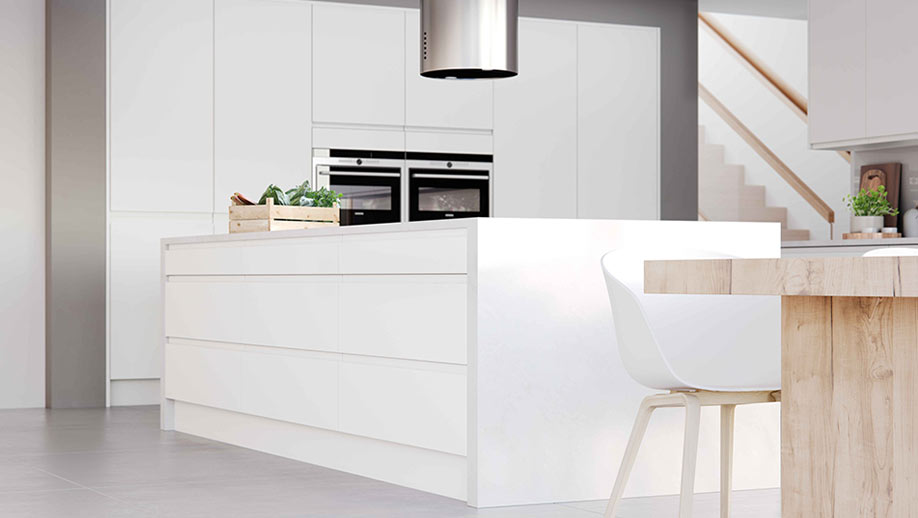 Modern white kitchen with kitchen island