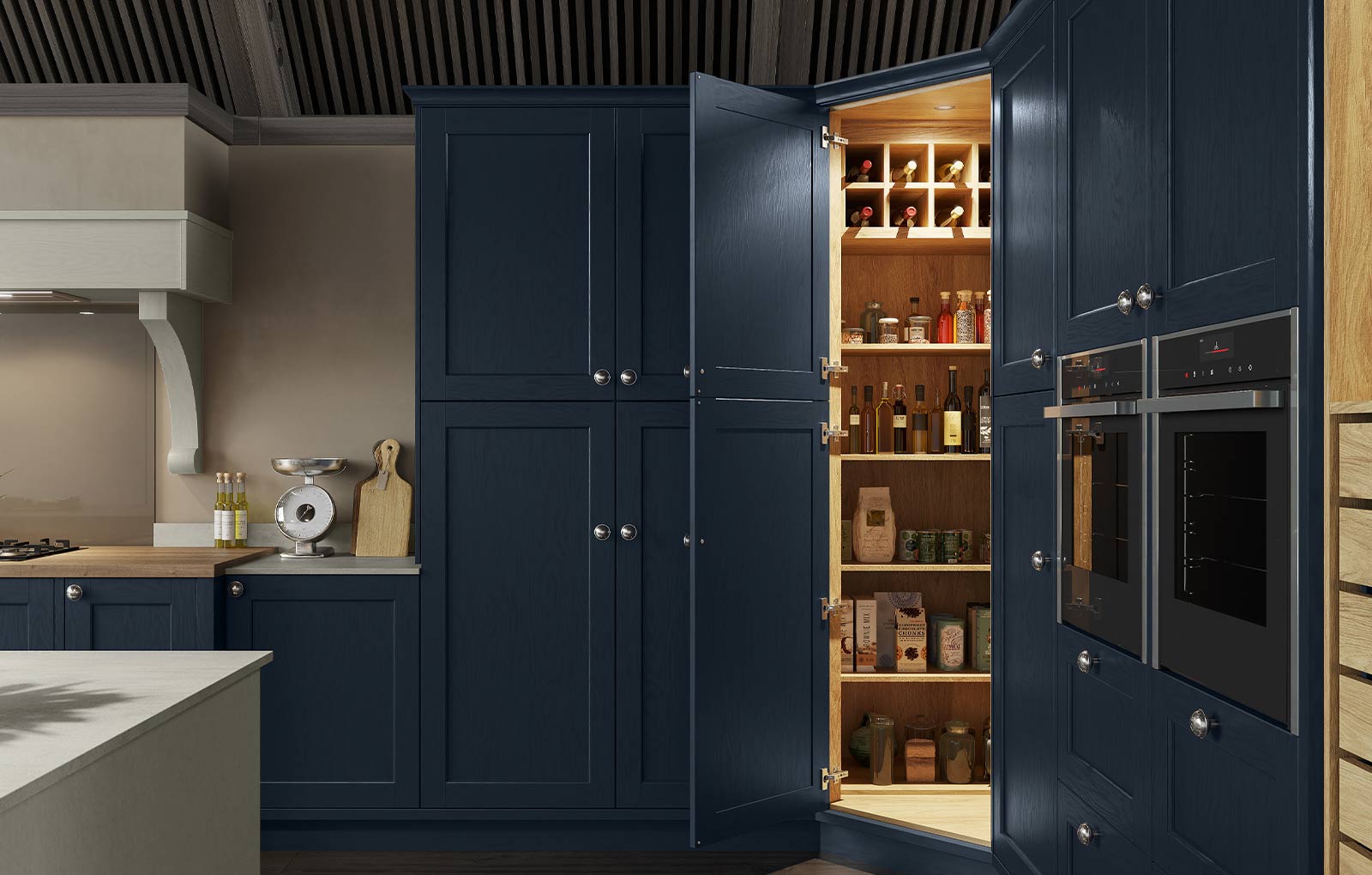 Corner kitchen pantry in a blue classic kitchen