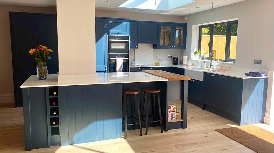 Dark blue kitchen in Cardiff