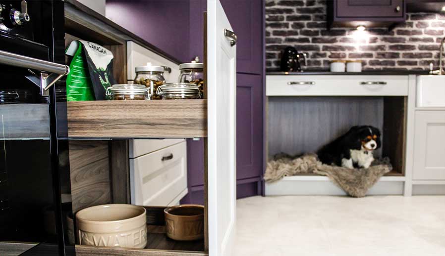 Pull out kitchen storage in a dog friendly kitchen