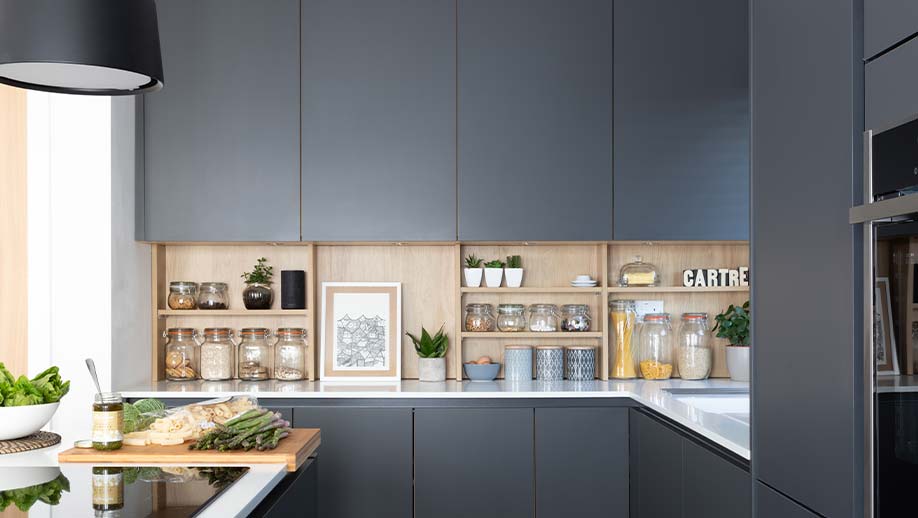 Open shelving in a dream modern kitchen