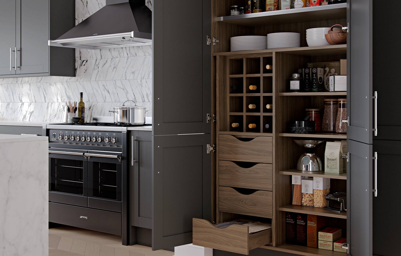 Beautiful kitchen pantry in a grey shaker kitchen