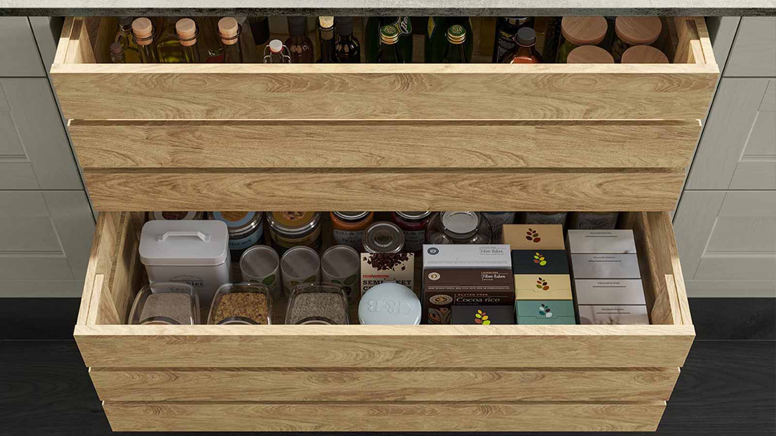 Light wood timbre crate drawers with a grained finish filled with pantry supplies