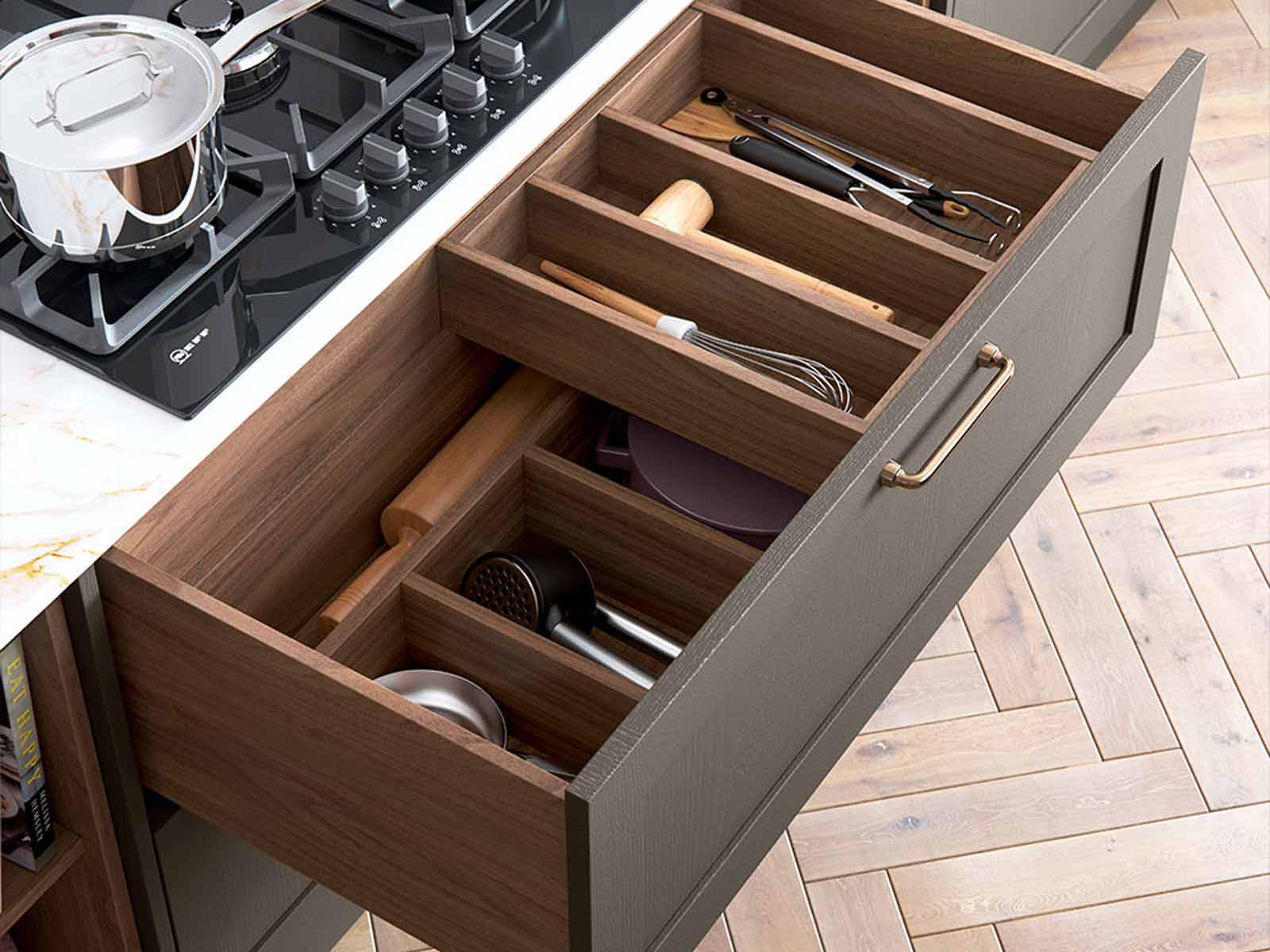 Sliding Kitchen drawer unit with wooden cutlery tray in rich hardwood