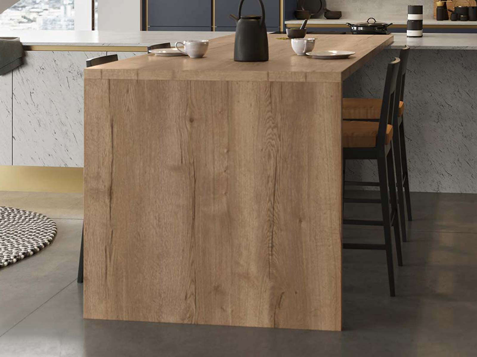 Wood-effect kitchen work surface with stone-effect cabinet doors