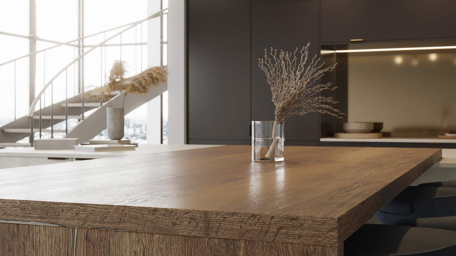 Handleless kitchen range with dark wood countertops and minimalist decor