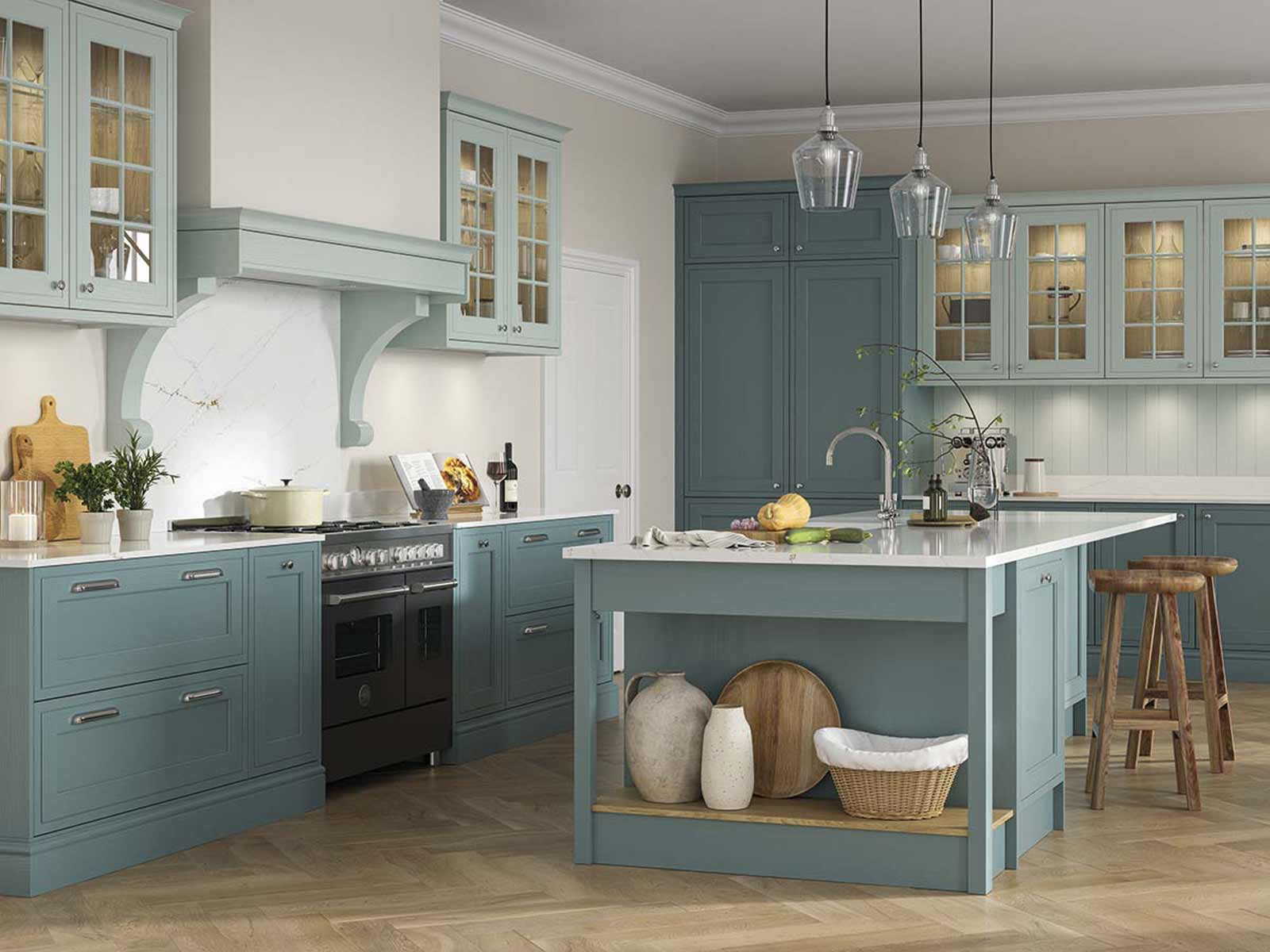 A turquoise and grey kitchen characterised by bold kitchen unit colours