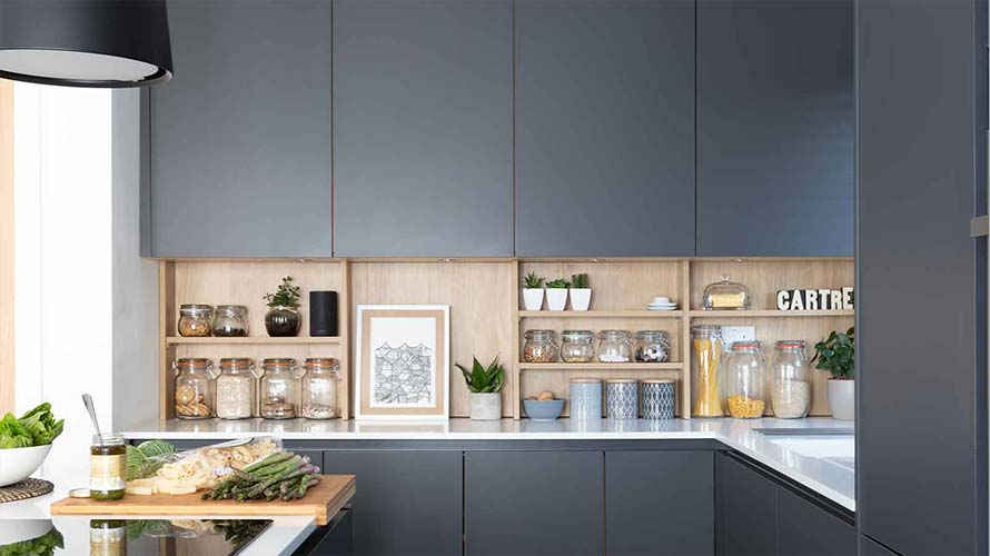 Open shelving in a modern dark kitchen
