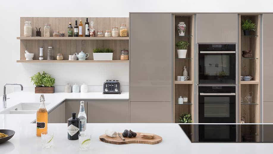 Modern open shelving in a beautiful gloss kitchen