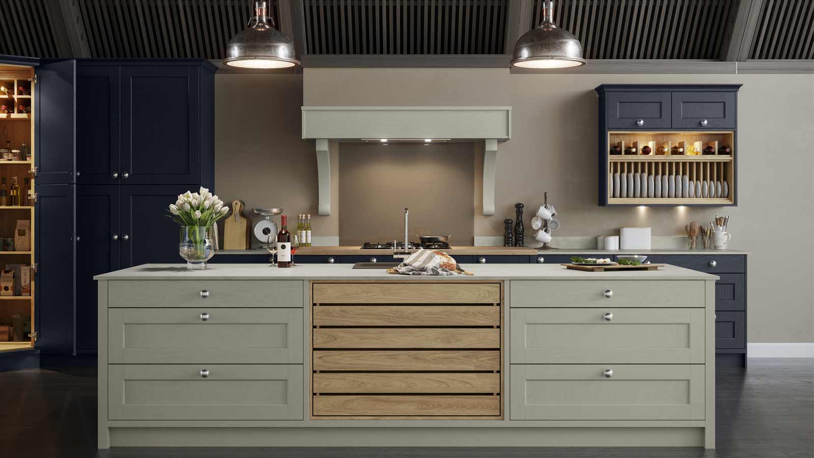 Cosy Hatfield moonlight blue cooking space with grey kitchen island