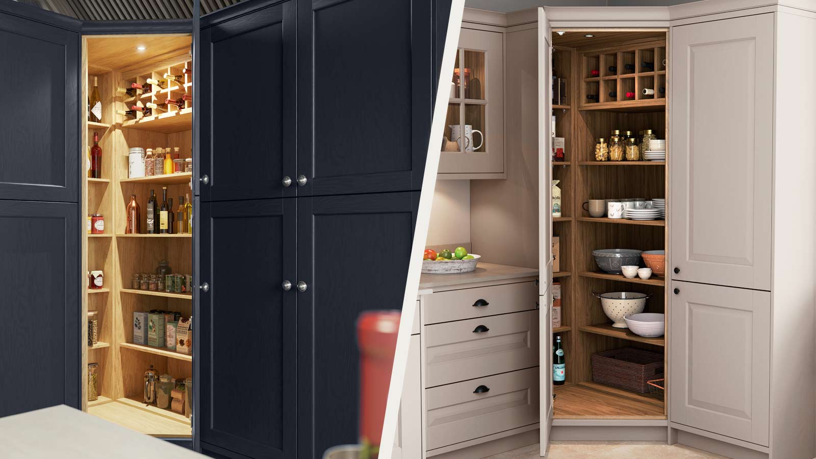 A 45 degree kitchen pantry for corners that need a kitchen storage cabinet