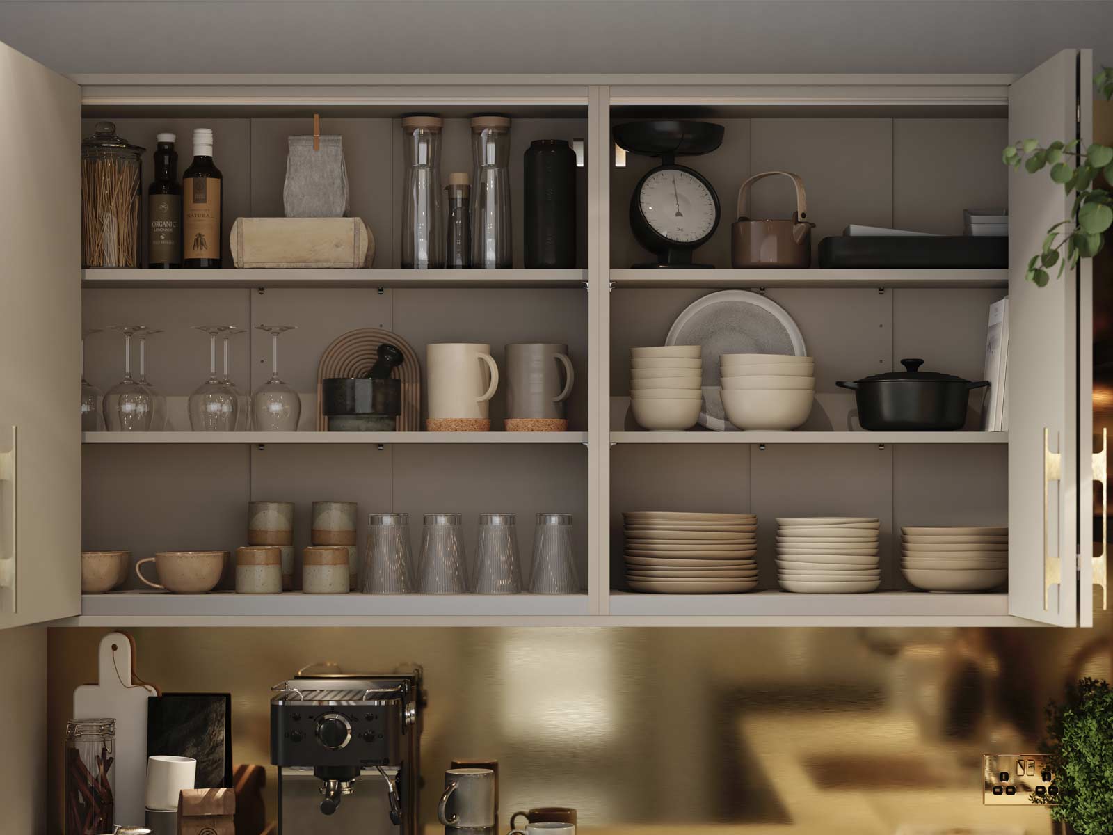 Kitchen cupboards in off-white with wooden folding doors and gold handles