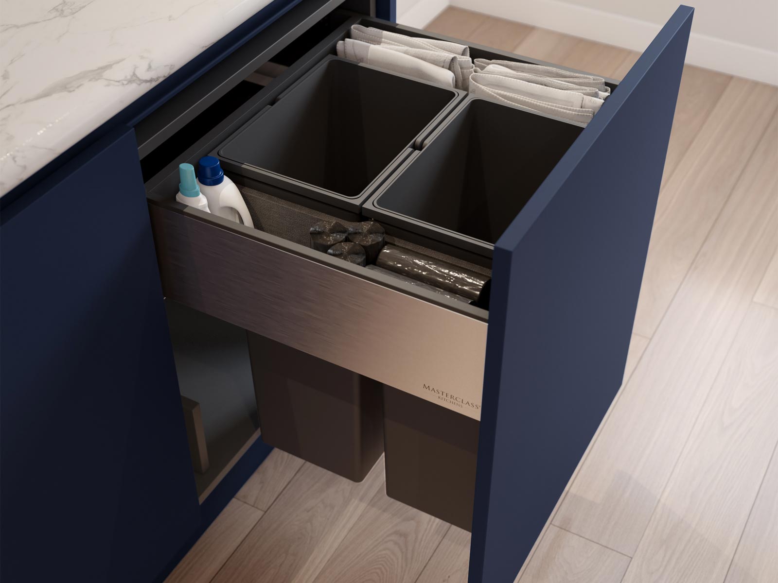 A double kitchen bin with laundry tablet storage and bin bag holders