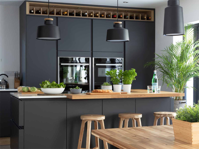 A biophilic kitchen design with tall house plants and fresh air purifying plants