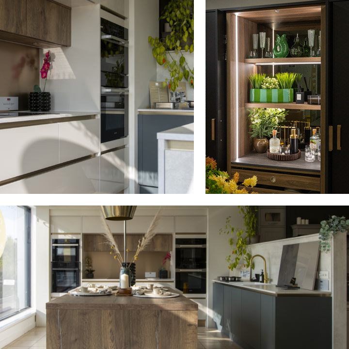 Kitchen showroom detail shots including cabinets, shelves and and island