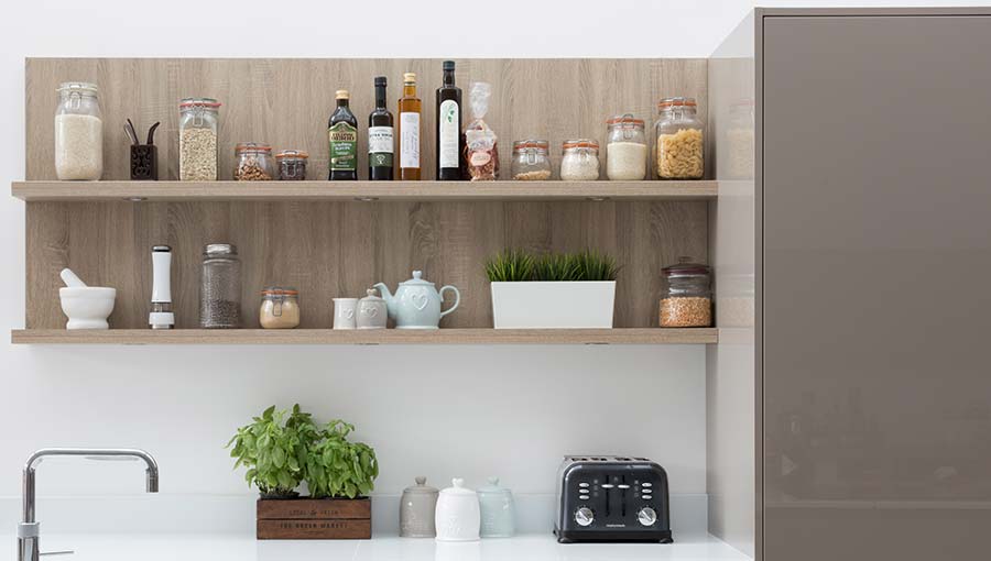 Open shelving in a modern kitchen
