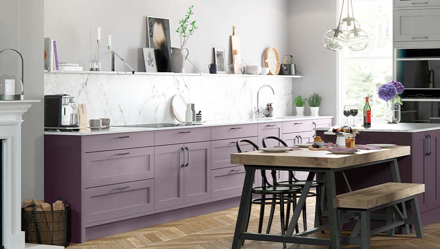 Calming lilac shaker kitchen with kitchen island