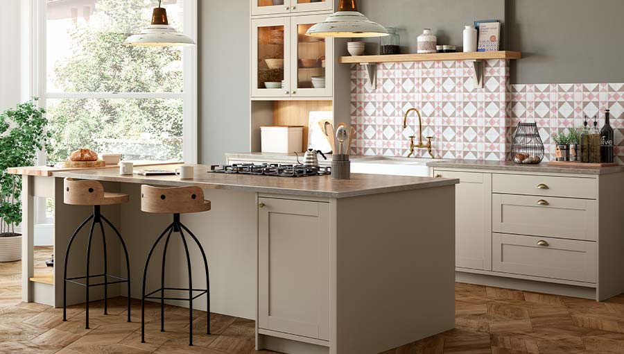 Warm neutral shaker kitchen with island 