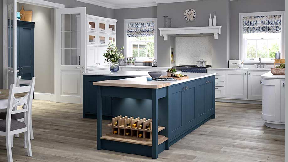 Shaker kitchen with blue kitchen island