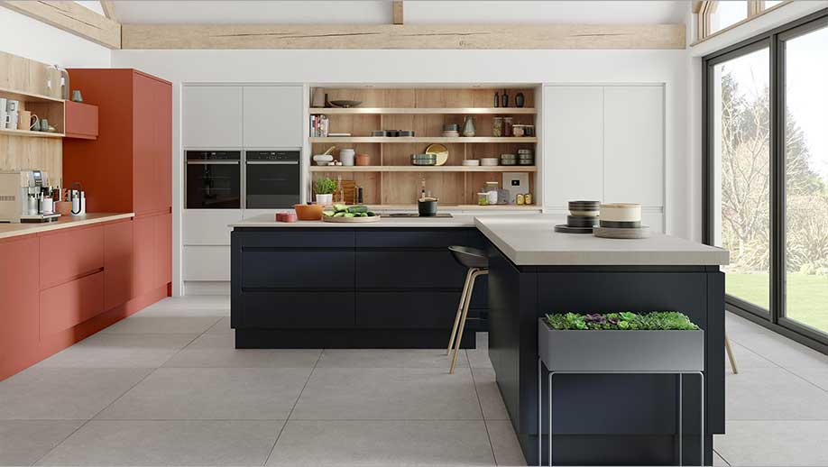 Modern J pull kitchen with pink , white and dark grey