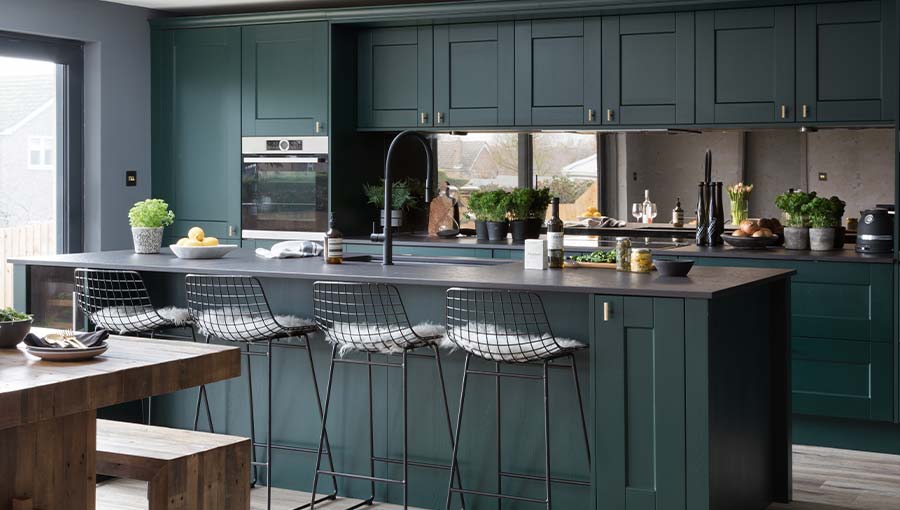 Dark green shaker kitchen with kitchen island