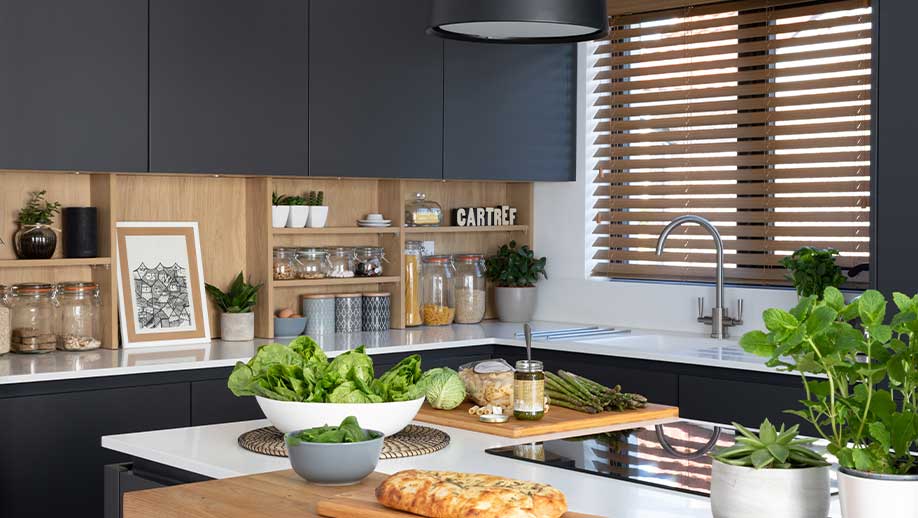 Modern kitchen with open shelving and kitchen island