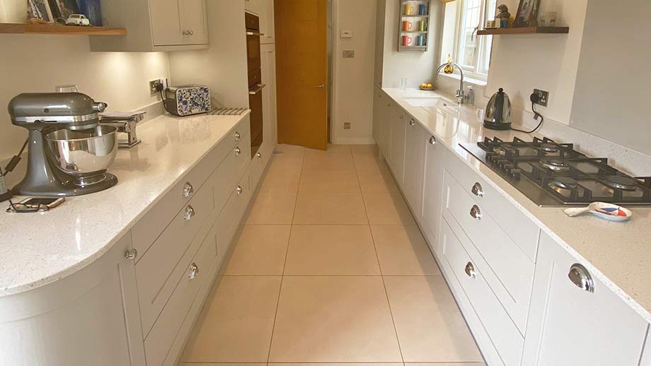 Grey galley style shaker kitchen in Esher