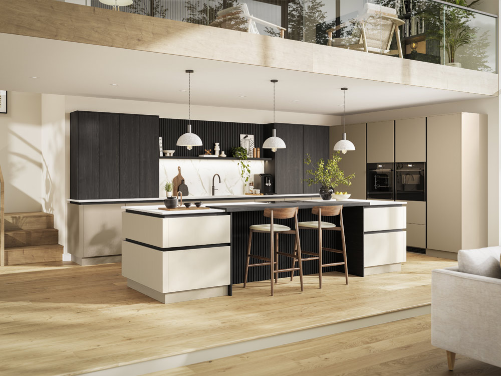 Open plan handleless Siena kitchen range with a large kitchen island