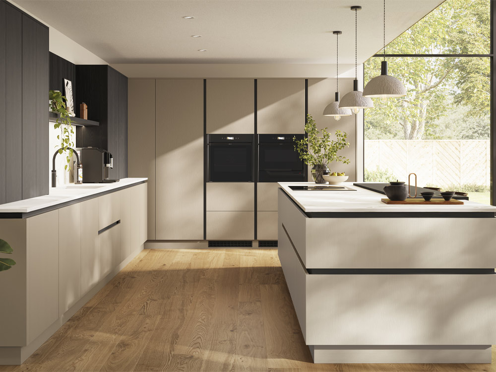 H-Line Siena handleless kitchen with neutral colours and dark wood dressers