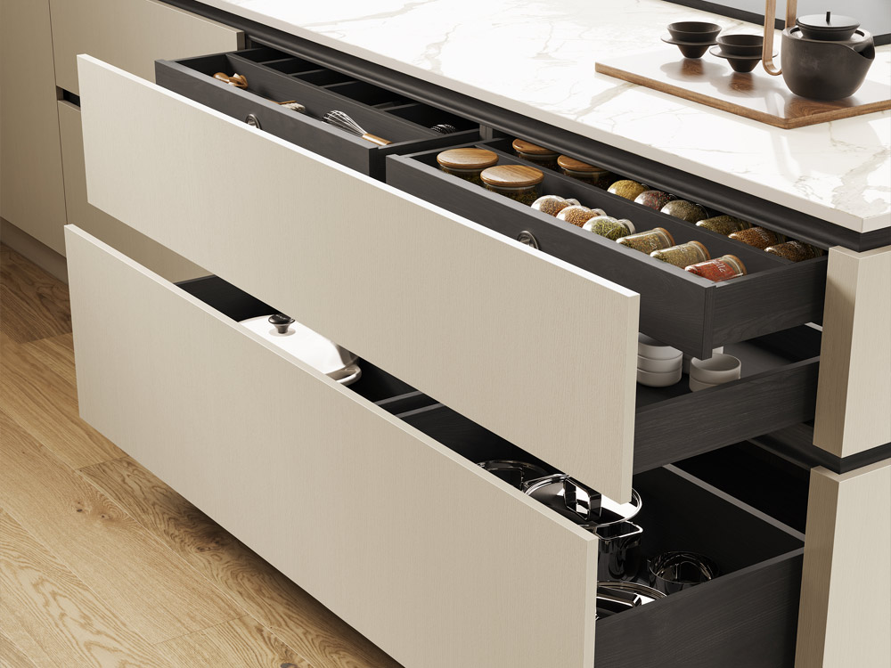 H-Line Siena wide handleless kitchen drawer with spice dividers