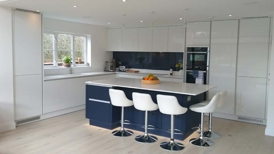 Two tone handleless kitchen in Esher