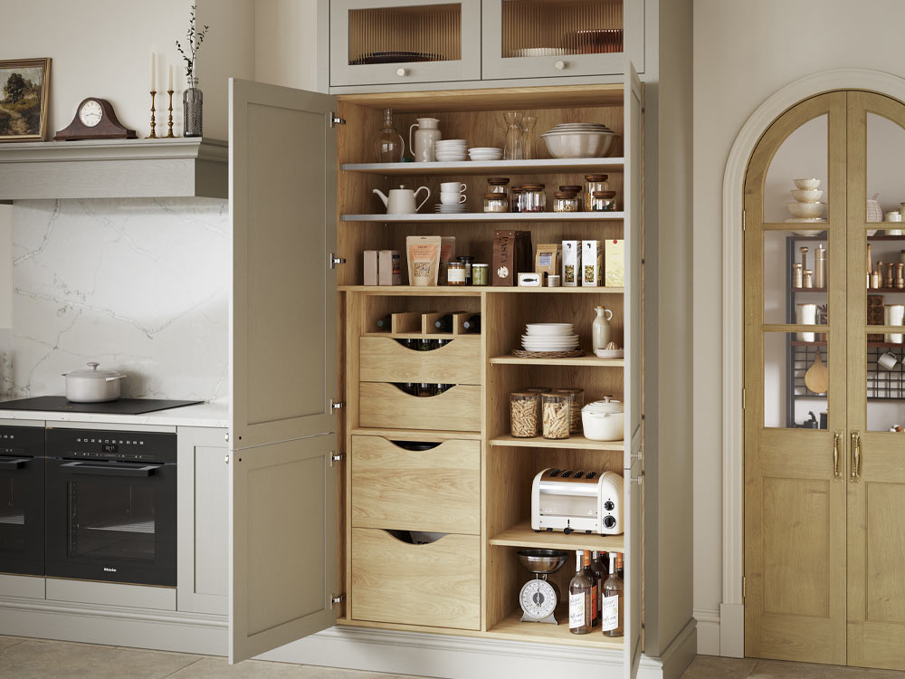 Big Hardwick Portland Oak pantry with shelves and drawers