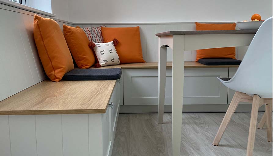 Bench seating with storage in a shaker kitchen