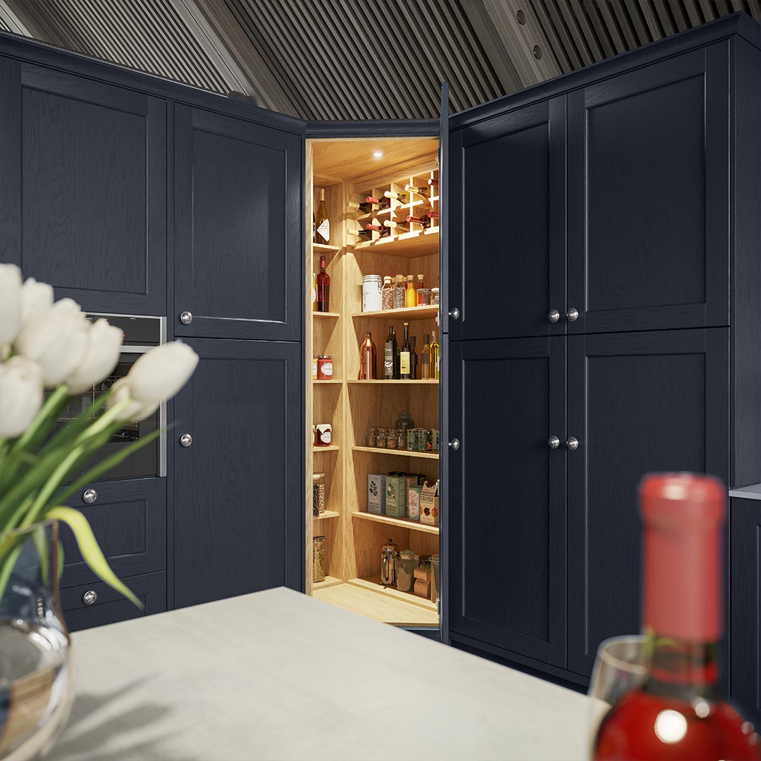 Oak corner pantry with internal lighting