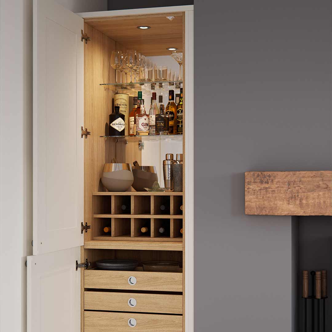 Portland Oak drinks cabinet in an alcove