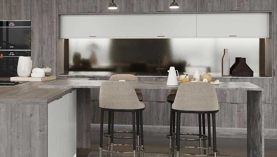 Cool metallic kitchen splashback in an industrial style kitchen