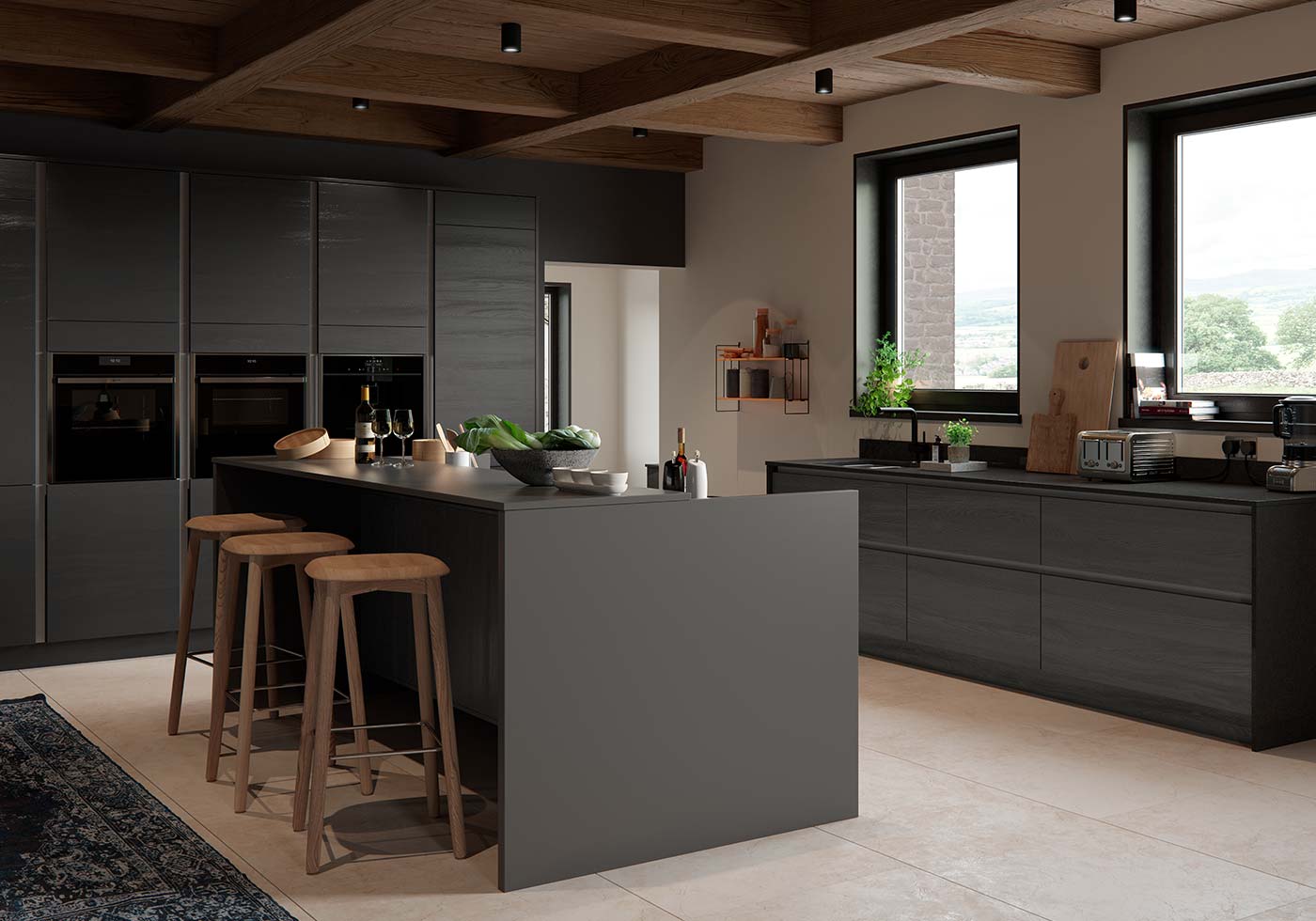 traditional kitchen with grey wall