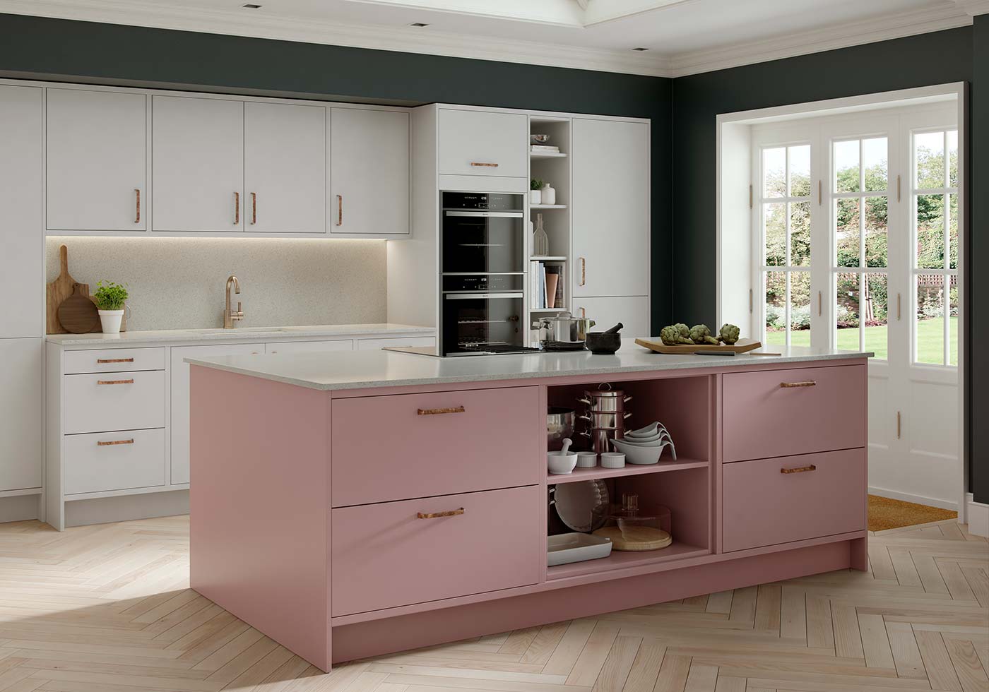 Pink and grey kitchen