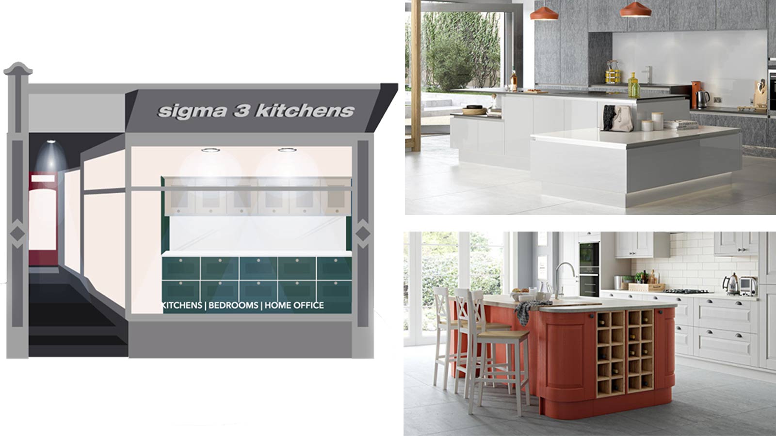Modern kitchen and a classic kitchen islands with the Sigma 3 Abergavenny showroom