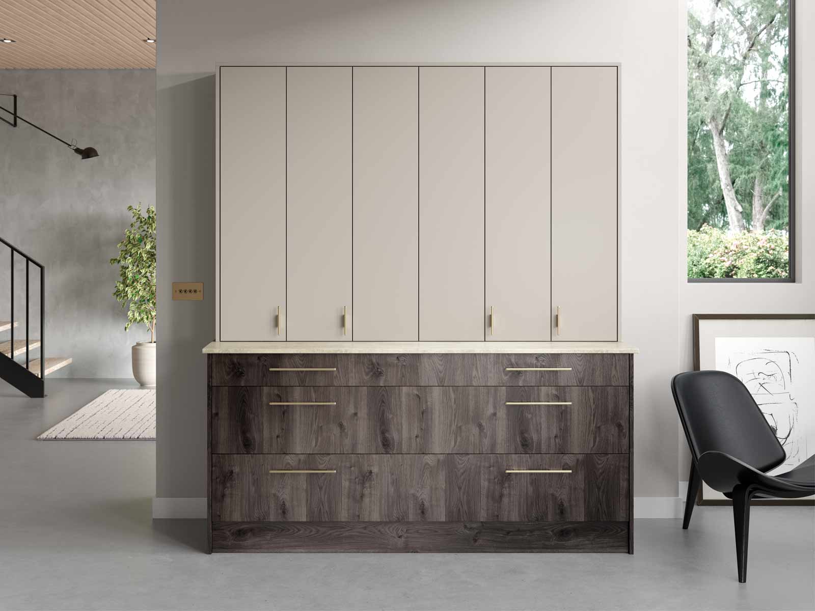 A Breakfast Dresser with closed wingline doors, a worktop and Hoxton Oak