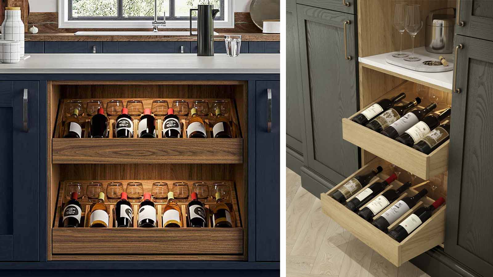 A compilation of Sigma 3 wine drawers in dark and light wood with wine glasses