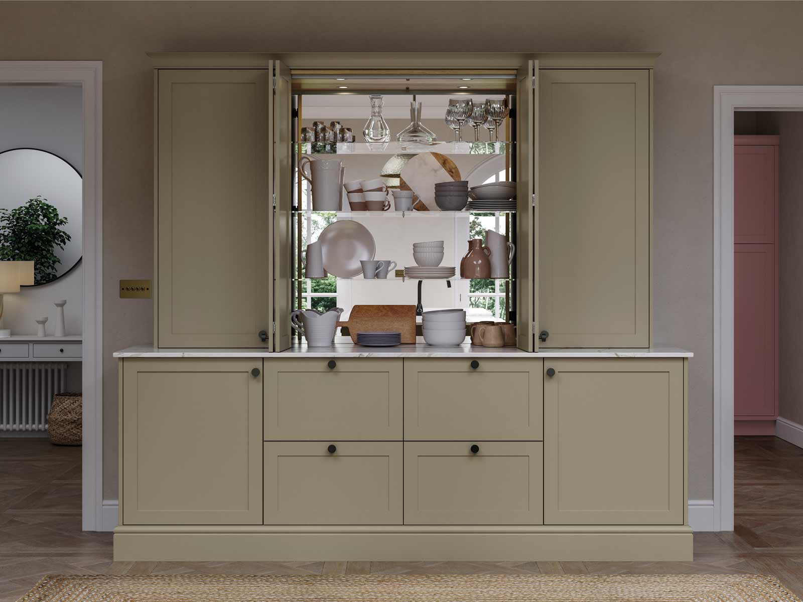 A light green Display Dresser with mirrored shelves and white marble worktop