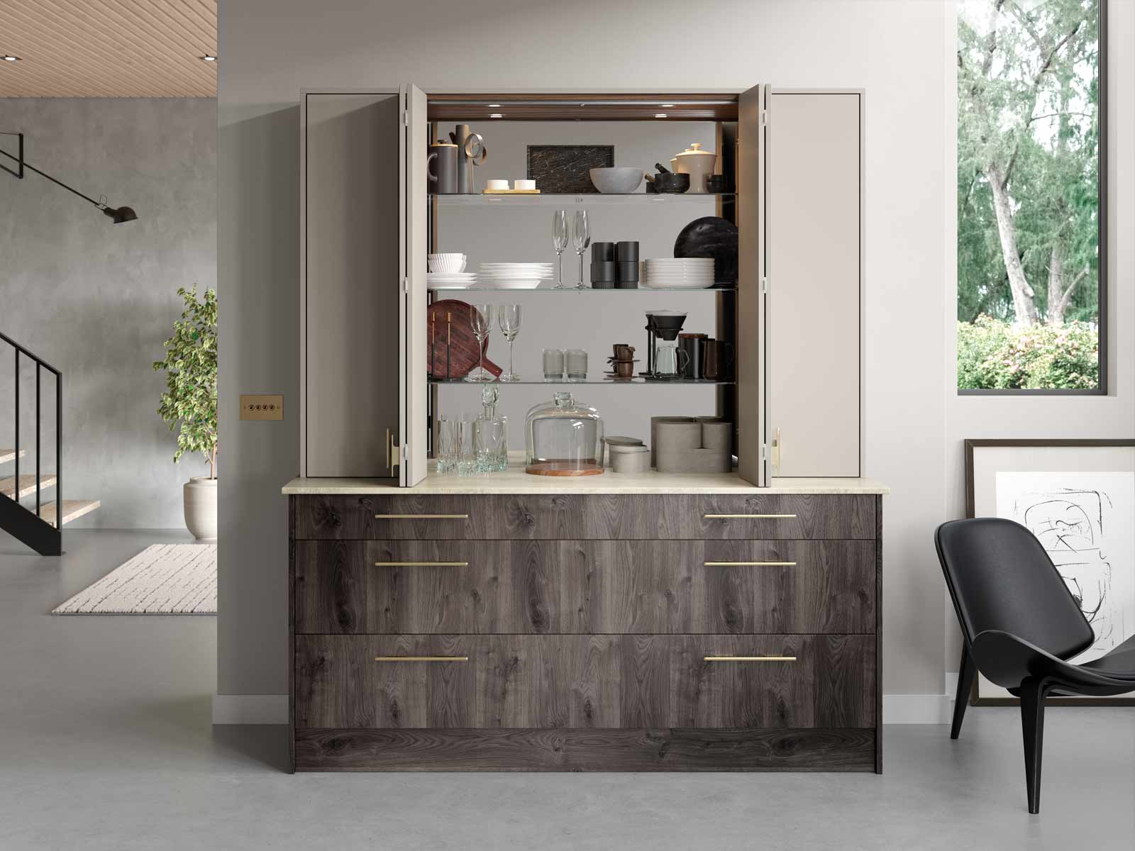 A stylish mirrored Display Dresser full of crockery atop a dark wood credenza